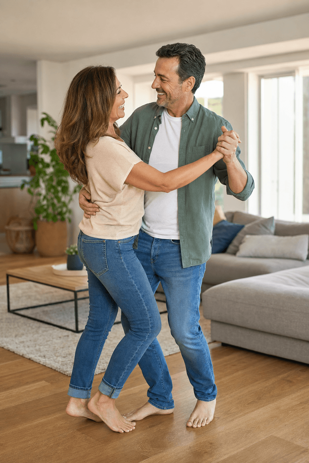 Couple in their early 40s dancing together at home