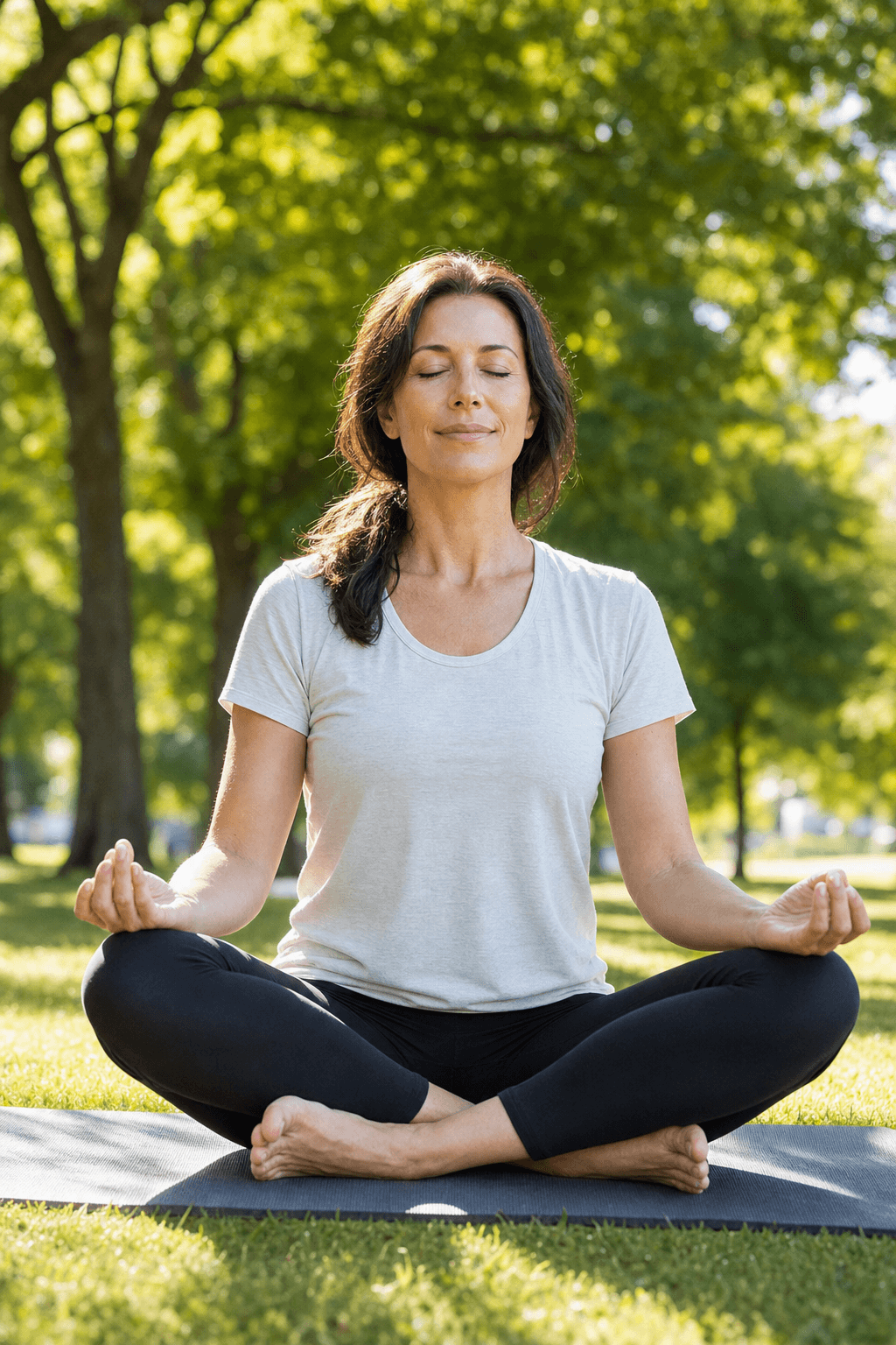 Woman in her early 40s meditating outdoors in a park